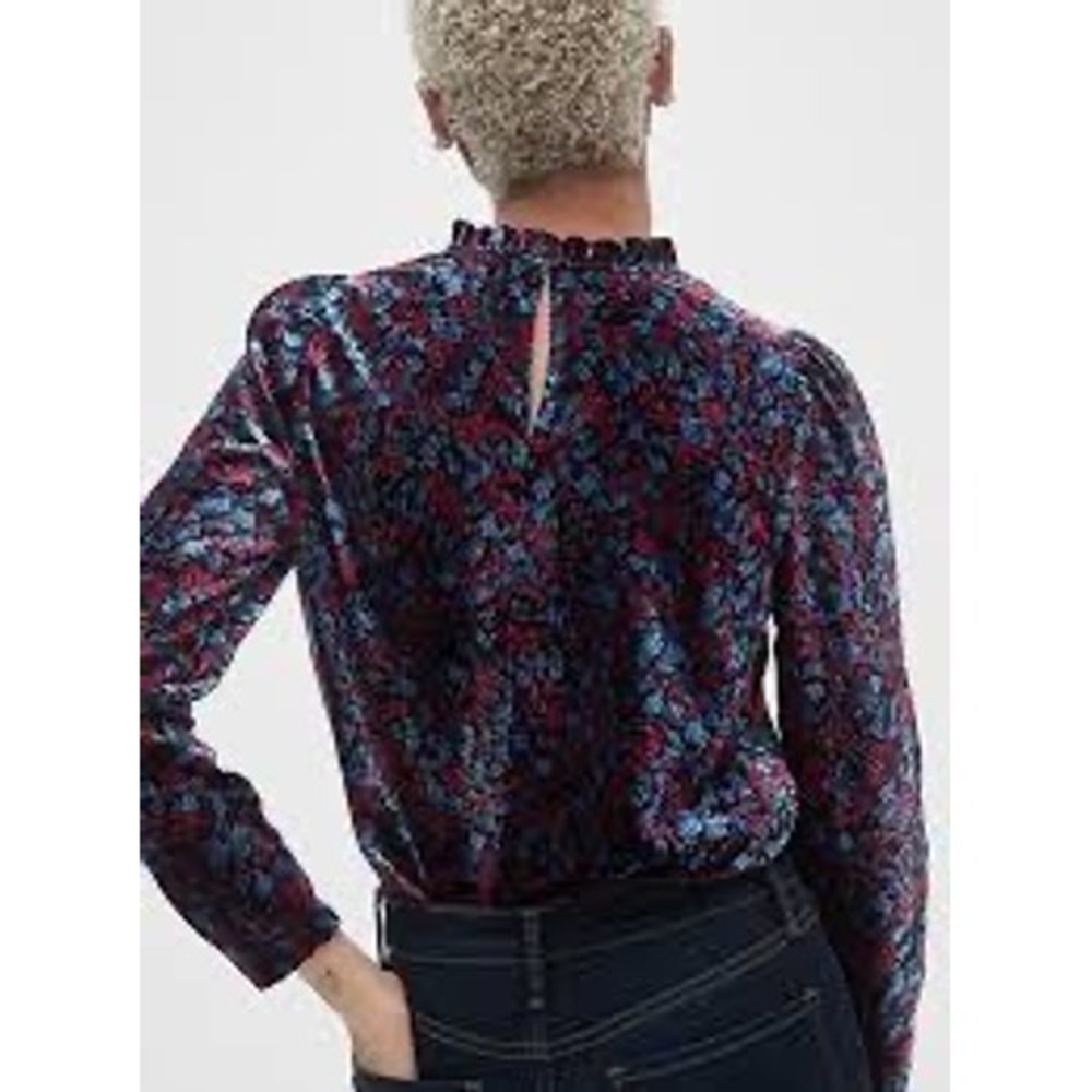Gap Womens Floral‎ Velvet Puff Sleeve Mock Neck Ruffle Blouse Blue Red Black M - Picture 2 of 13